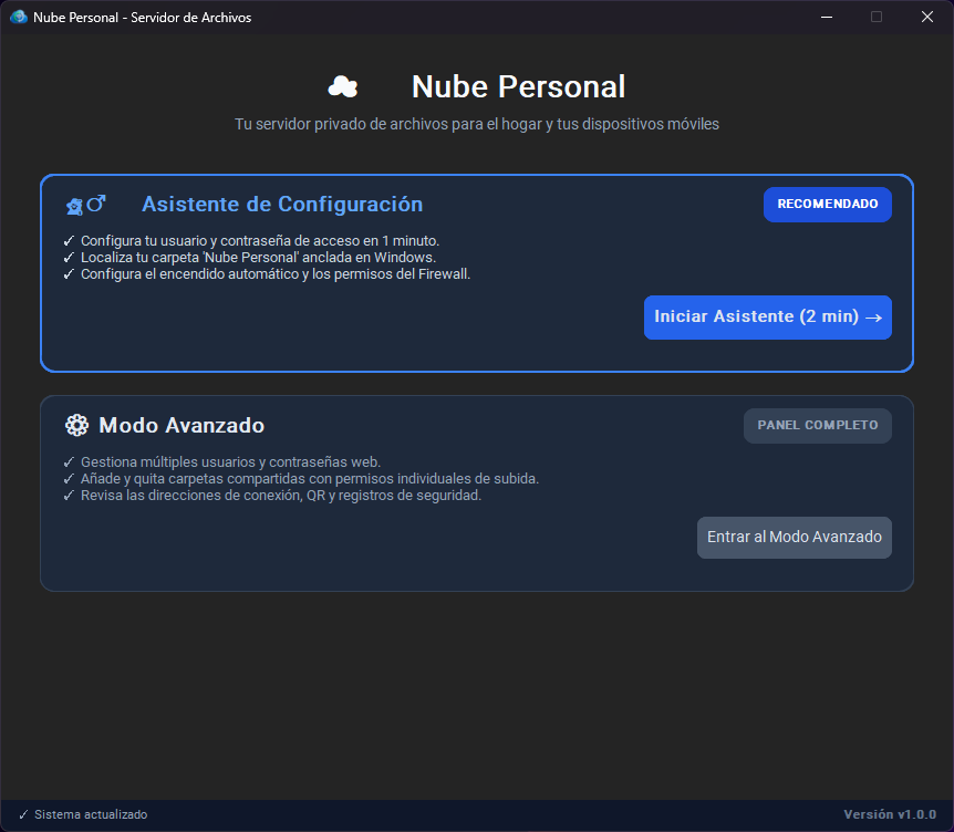 Pantalla Principal de Nube Personal