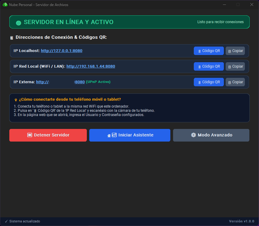 Servidor de Nube Personal en línea mostrando direcciones IP y Códigos QR